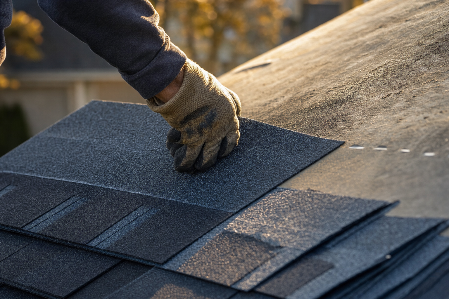 Close-up of a contractor hand installing a GAF architectural shingle