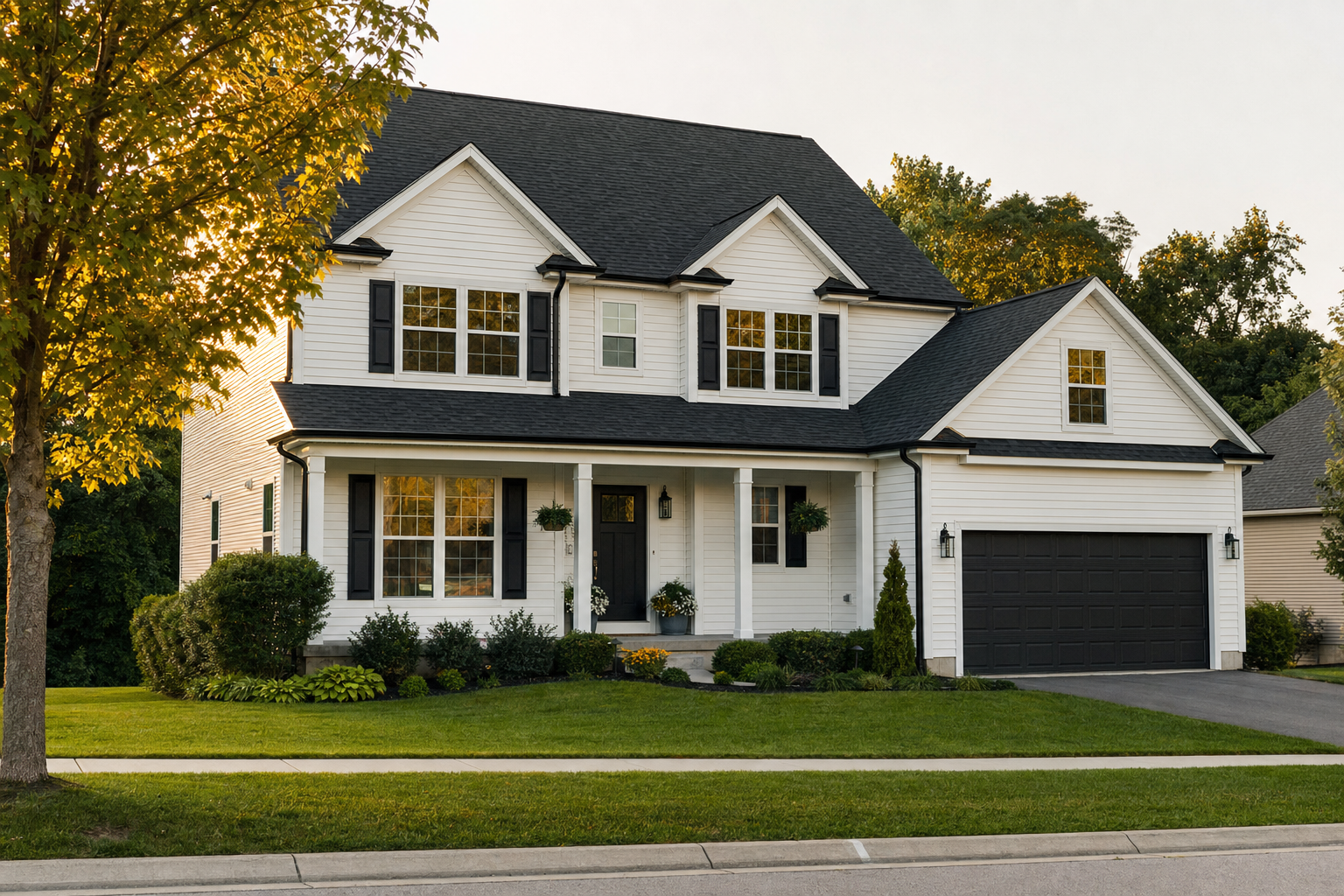 Completed roof replacement on a two-story suburban home