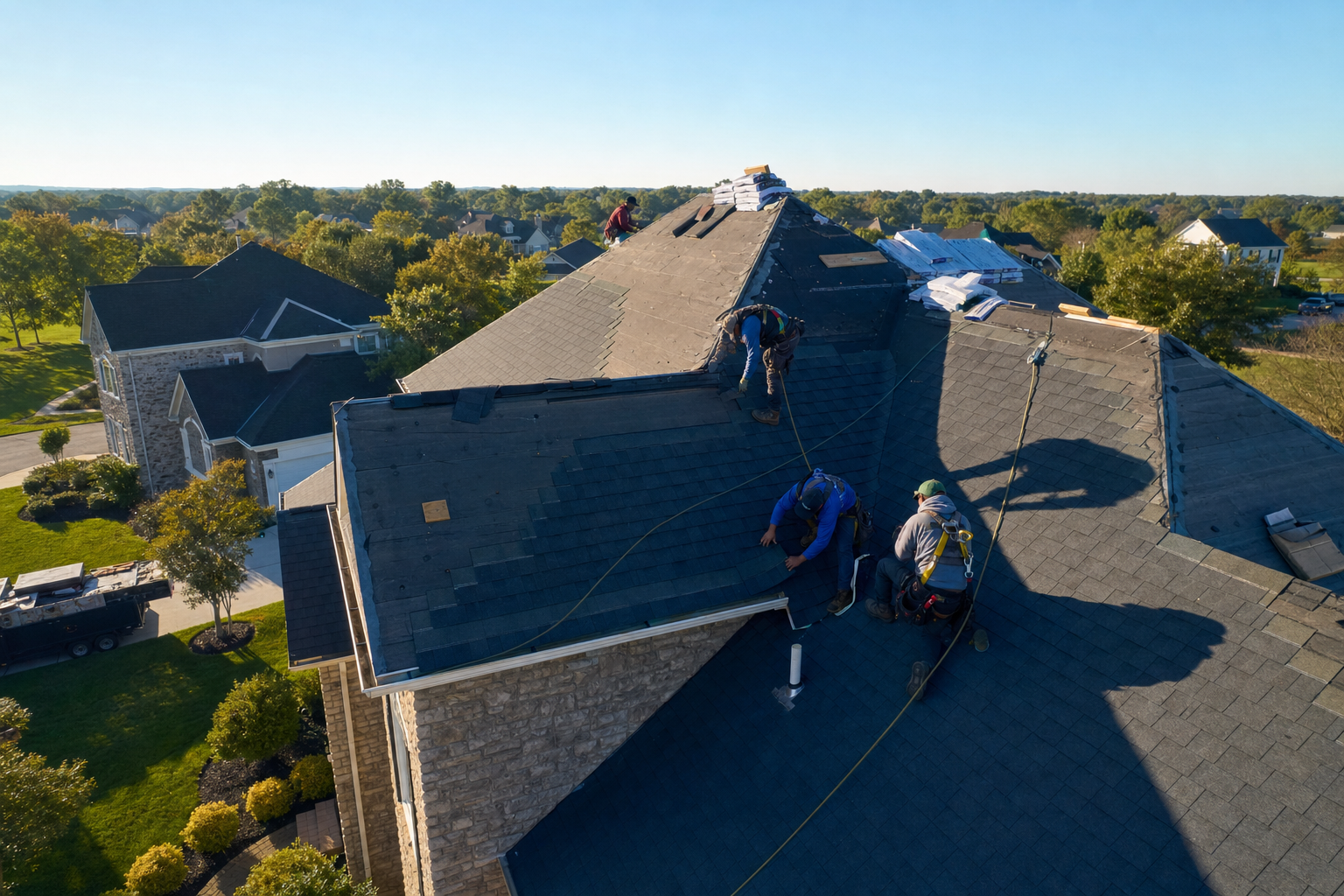 Keys Enterprise roofing crew installing architectural shingles on a residential roof